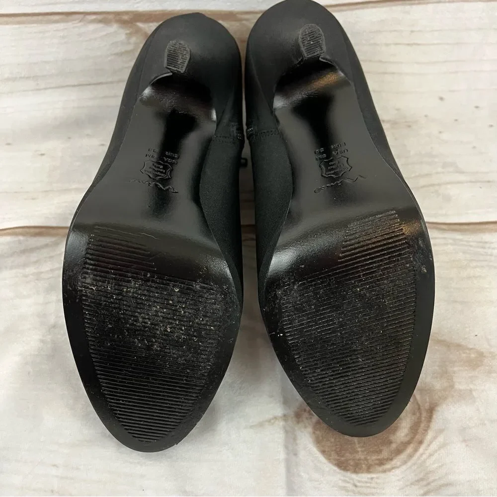 Nina Shoes Black Fabric 4 1/2” Heels Ruffles Zippers Dress Bootie Pumps Size 8M